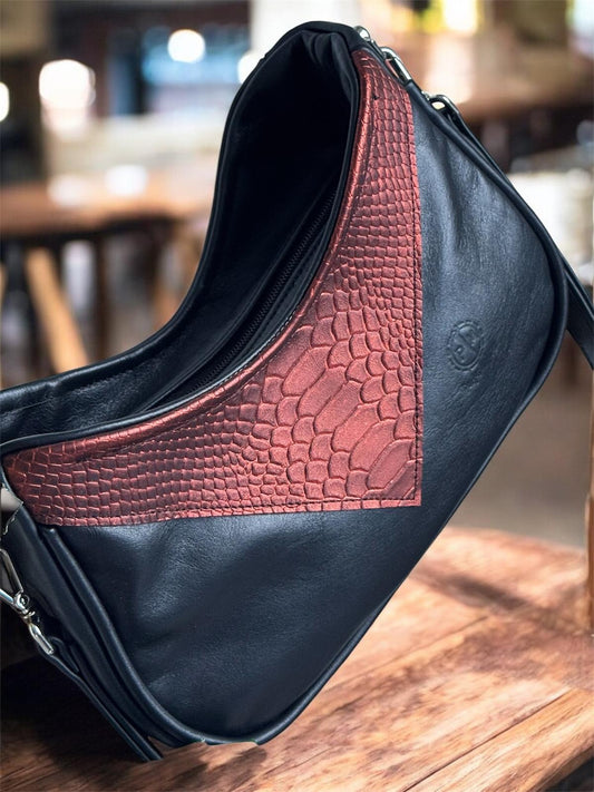 Bolsa em Couro - Preto com Detalhe Crocodilo Bordeaux – Exclusiva