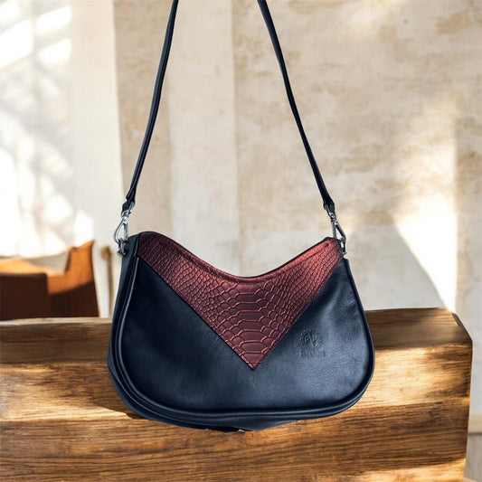 Bolsa em Couro - Preto com Detalhe Crocodilo Bordeaux – Exclusiva