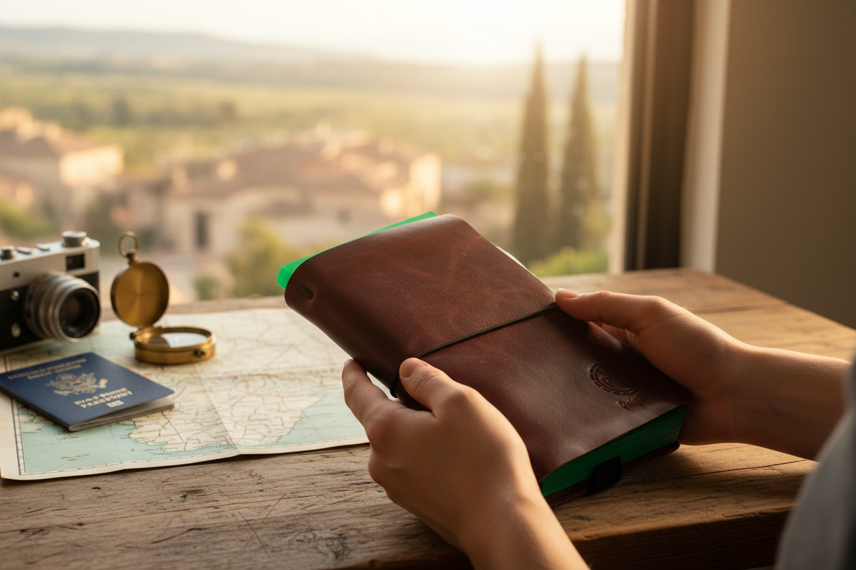 Caderno de Viagem em Couro Bordeaux – Stay Focused